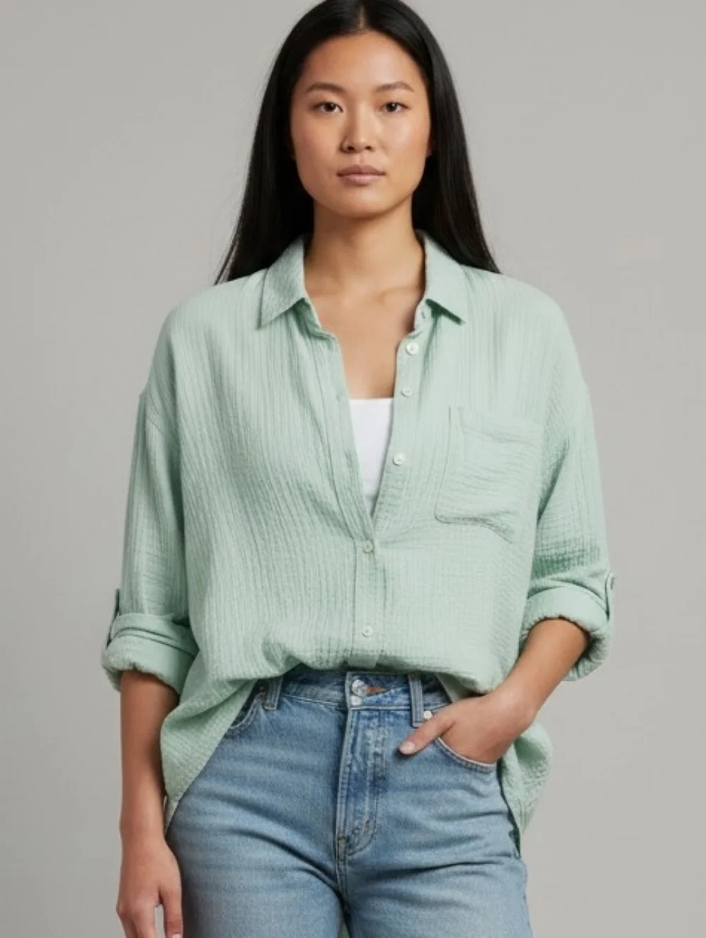 J. Jill Mint Green Button-Up Cotton Top Size Large